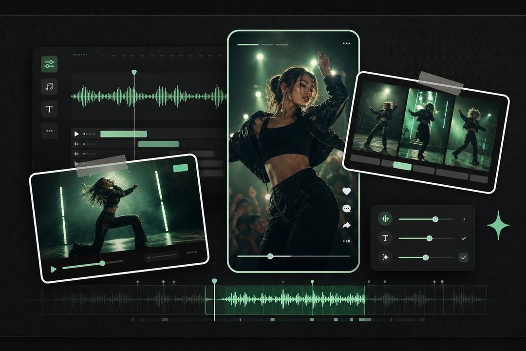 Vista previa de gancho de video musical de formato corto con un clip vertical de bailarina, sincronización por forma de onda y controles de subtítulos