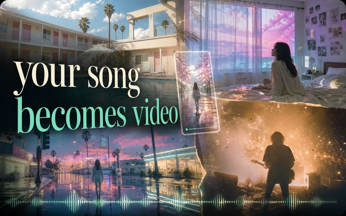 Collage cinematográfico que muestra cómo una canción se convierte en un video musical en escenas de motel, dormitorio, calle y escenario