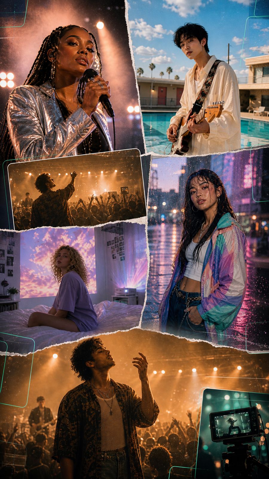 Collage de video musical vertical 9:16 con actuación en escenario, guitarrista junto a la piscina, retrato de neón bajo la lluvia, proyección en un dormitorio, público de concierto y escena de cámara